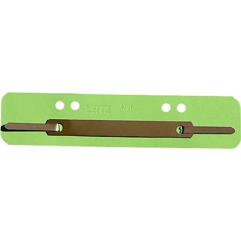 Green label with brown metal tab, with holes and lettering.