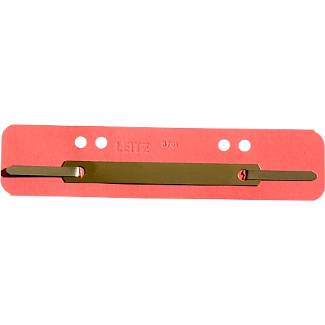 Metal fastening strip on a pink background. Leitz logo and two holes.