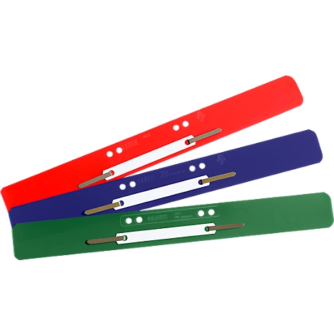 Three colored binder strips, red, blue and green, overlap diagonally. White stripes with lettering are visible.