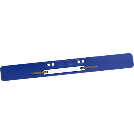Blue ruler with white center section and two brown pins. There are two holes and several small holes on it.