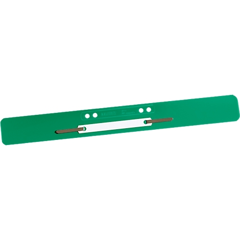 Green file folder spine with white insert and two metal clips.