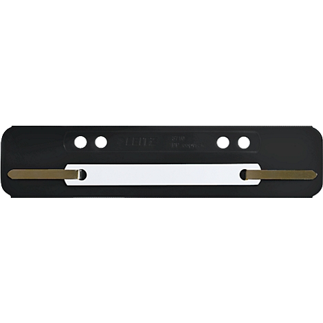 Black folder spine with white label field and gold-colored metal clips.