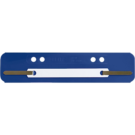 Blue folder fastener with two holes and a white middle section with metal tabs.