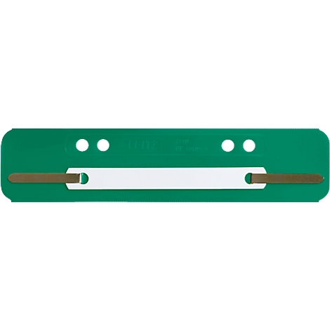 Green paper fastener with white center and brown ends. Two white holes at the top.