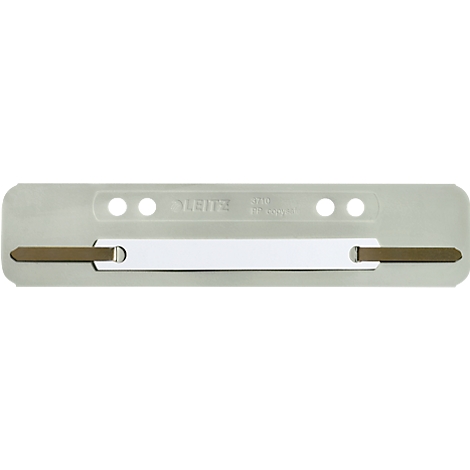 Gray binder strip with metal and white elements. Text and holes at the top, metal tips at the bottom.