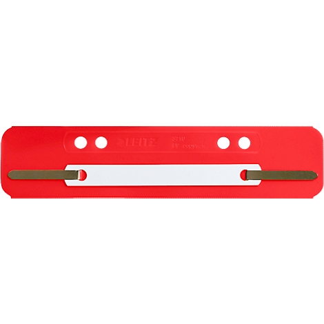 Red plastic part with two holes at the top, white middle section, and metal bars running through the white part.