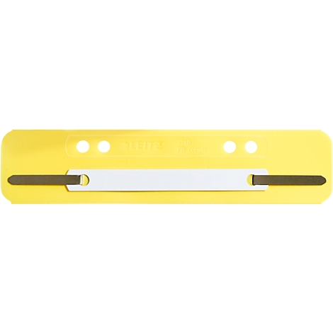 Yellow index card element with holes and pen holder. It has a white stripe with two metal clips.
