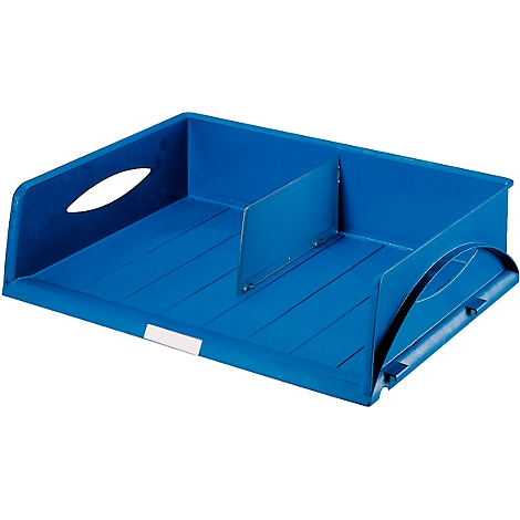 Blue letter tray, with divider, handle hole, and white label.