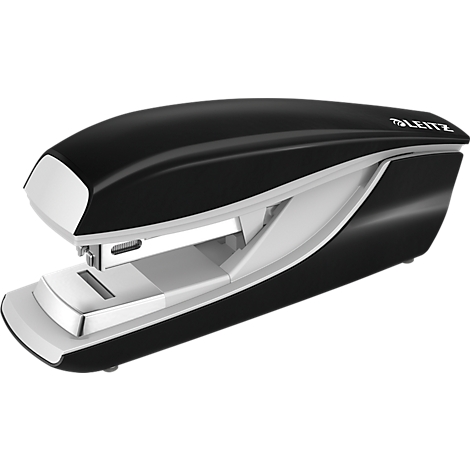 Black stapler with white accent by Leitz. Details like the lever and recess are clearly visible.