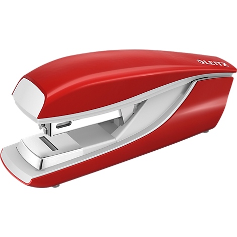 Red stapler with white accent. Brand name 'Leitz' visible.
