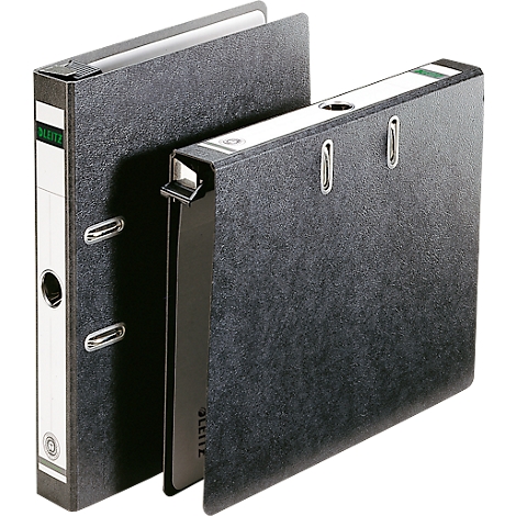 Two black binders with metal clasps. The left binder is closed, the right one slightly open.