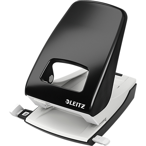 Black and white Leitz brand hole punch. The logo is clearly visible. The punch has a rectangular shape and an opening to position the paper.