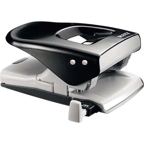 Black and silver LEITZ hole punch. The office material is made of plastic and metal.