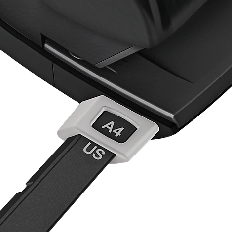 Close-up of a black product detail with a white selection switch labeled "A4" and "US".