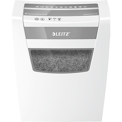 Witte papierversnipperaar met het Leitz-logo. Er zitten bedieningsknoppen en indicatielampjes aan de bovenkant. De bak voor het versnipperde papier bevindt zich aan de onderkant.