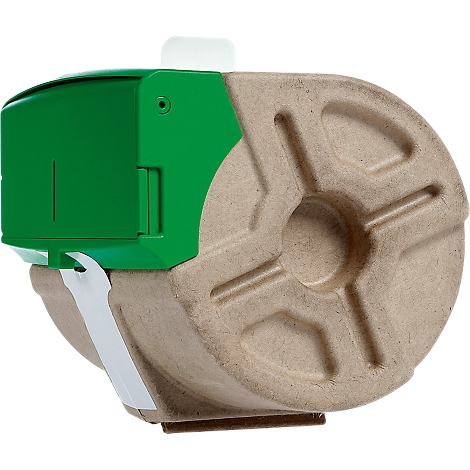 Ein grünes Gehäuse mit Papierrolle, der Abroller ist aus braunem, gepresstem Material mit Sternform.
