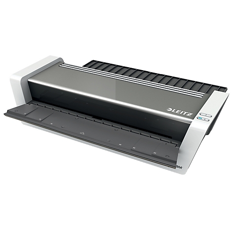 Grauer Laminator, mit LEITZ Schriftzug und Bedienknöpfen. Schwarze Ablage, weißer Rahmen.
