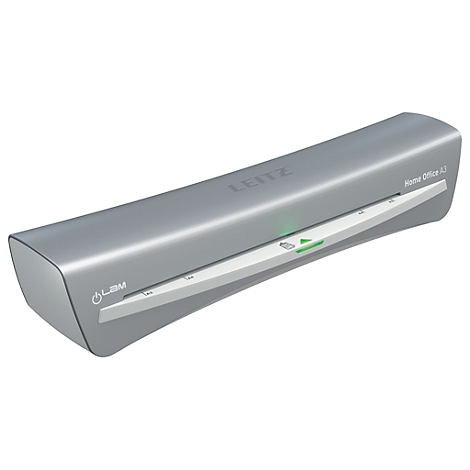 Grauer Leitz Home Office A3 Laminator. Auf der Oberseite steht "LEITZ", daneben ein grünes Licht und ein Einschalt-Knopf.