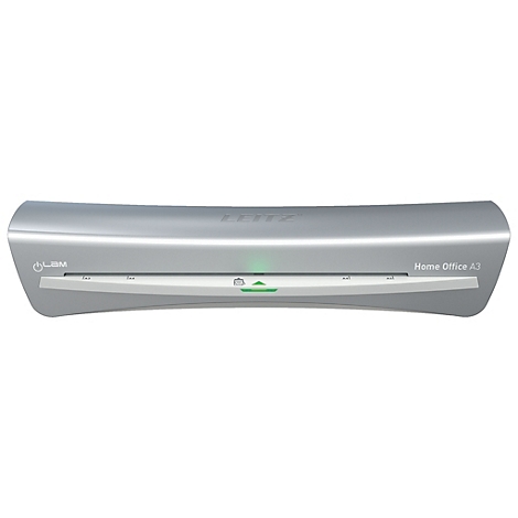 Laminateur argenté. "LEITZ" en haut, "Home Office A3" en bas. Une lumière verte est allumée.