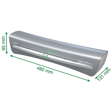 Laminateur gris avec des flèches vertes et des indications de taille. Inscription "Home Office A3".
