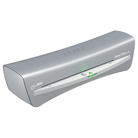 Laminateur gris Leitz Home Office A4. Logo Leitz en haut, commandes vertes. Texte 'Home Office A4'.