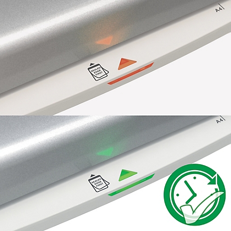 Gros plan d'une plastifieuse : affichages éclairés en rouge en haut et en vert en bas. Symboles de temps et de documents.
