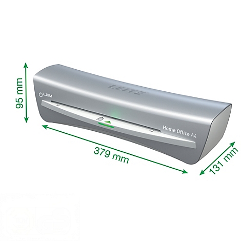 Grijze lamineermachine, met afmetingen, Leitz en Home Office A4 belettering.