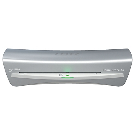 Silbernes Laminiergerät mit Leitz-Logo. Das Gerät hat die Aufschrift "Home Office A4" und eine grüne Leuchte.