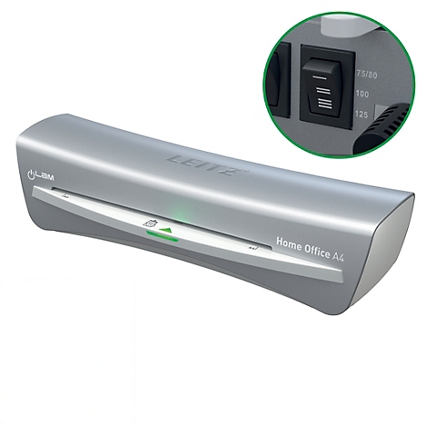 Silbernes Laminiergerät mit dem Schriftzug "LEITZ" und "Home Office A4". Vergrößerung zeigt Schalter mit Temperaturstufen.