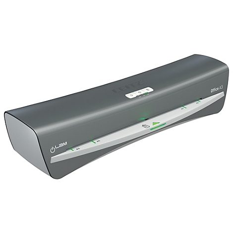 Grauer Laminator, Modell „Office A3“, mit Knöpfen und Anzeige. Aufschrift „LBM“ und „Office A3“.