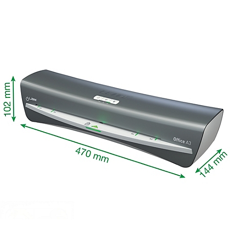 Grauer Laminator mit grünen Messlinien und Maßangaben. Aufschrift "Office A3".