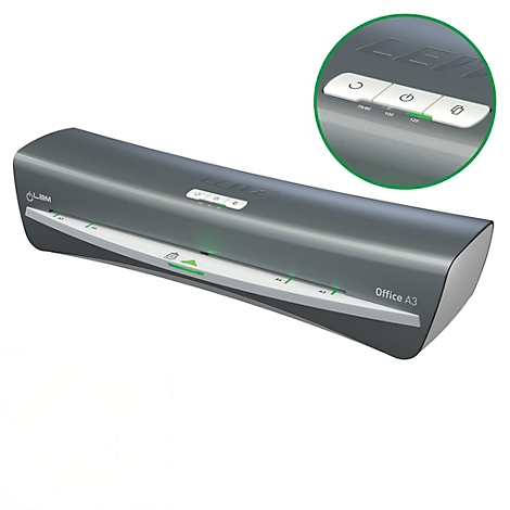 Grauer Laminator mit grünen und weißen Akzenten. Oben rechts eine Detailansicht der Bedienelemente. Schriftzug "Office A3".