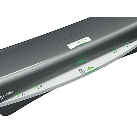 Detailaufnahme eines schwarzen Laminiergeräts der Marke Leitz mit Bedienfeldern und LED-Anzeigen.