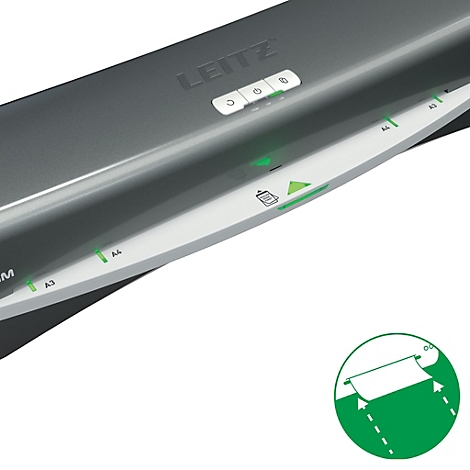 Detailaufnahme eines schwarzen Laminiergeräts mit grünen Bedienelementen, LEITZ-Logo.