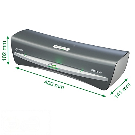 Grauer Laminator, Maße in mm angezeigt. Oben rechts steht "Office A4".