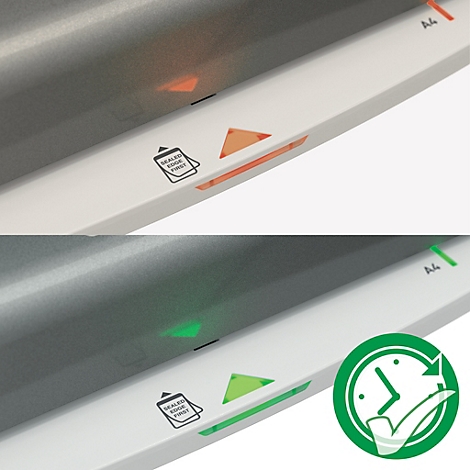 Detailaufnahme einer Laminiermaschine: Orangefarbene und grüne Kontrollleuchten, Symbole und die Schriftzüge „A4“ und „Sealed Edge First“.