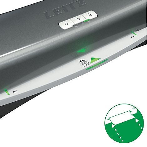 Detailaufnahme eines Laminiergeräts. Oben sind Bedienknöpfe, darunter grüne Leuchten und ein Papier-Symbol.