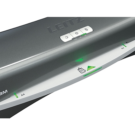 Detailaufnahme eines Laminiergeräts von Leitz, graues Gehäuse, weiße Bedienelemente, grüne LEDs.