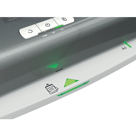 Detailaufnahme eines Scanners mit grünen Leuchtdioden und Knöpfen.