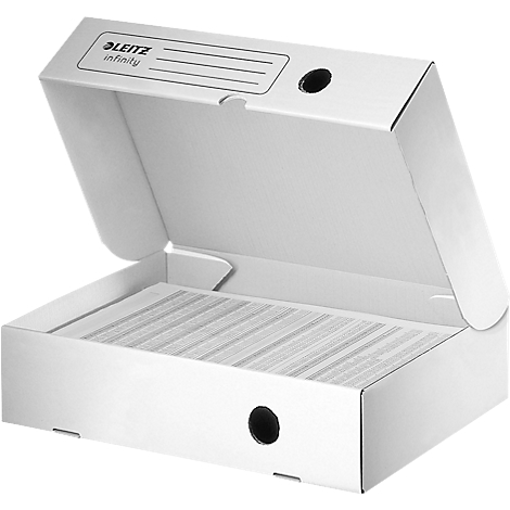 White Leitz file box, open, filled with files, black hole.