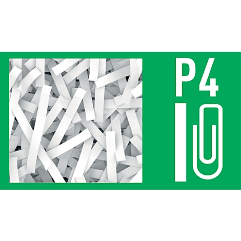 Wit versnipperd papier op een groene achtergrond, naast P4 en paperclip symbool.