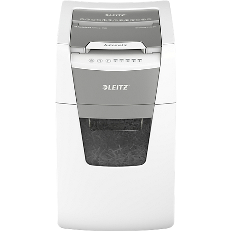 A white paper shredder with grey elements. The Leitz lettering and the word "Automatic" are visible.