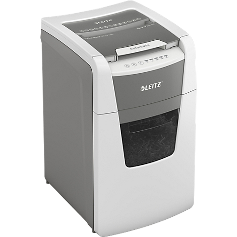 Shredder, white and grey, with Leitz logo and control panel.