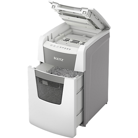 Shredder with open lid, waste container is open.