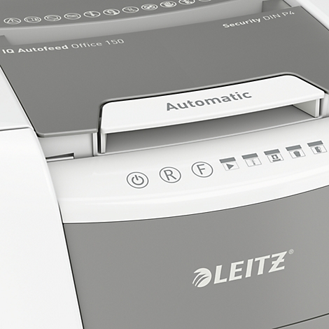 Grey and white Leitz brand shredder. "Automatic" is written on top, symbols below. The model name is "IQ Autofeed Office 150".