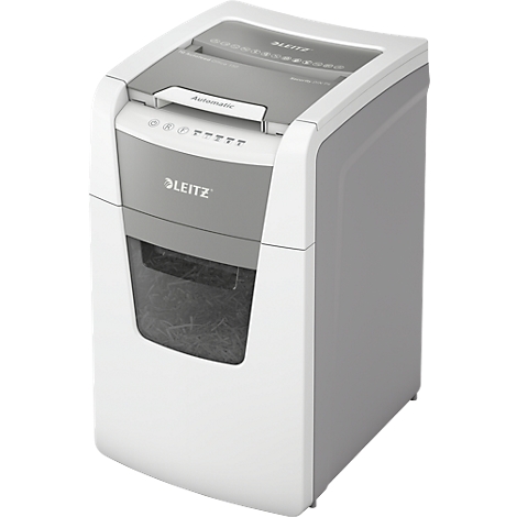 Leitz shredder. Gray and white casing, paper outlet with shredded paper. Control panel with buttons.