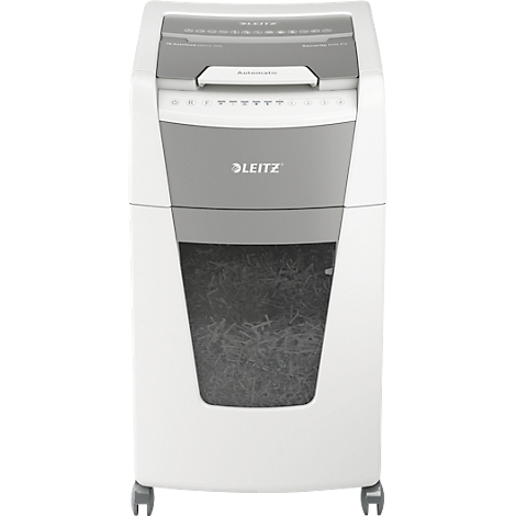White shredder with Leitz logo and grey middle section, shredder shows shredded paper.