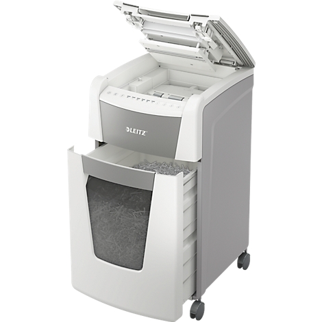 Shredder, grey and white, open lid, with "LEITZ" logo and collection container full of paper scraps.