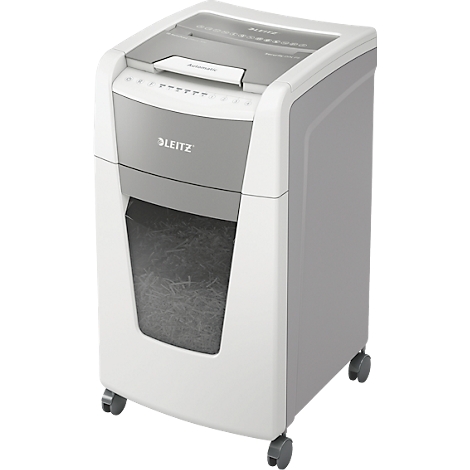 Grey and white paper shredder, with Leitz logo and paper scraps in the collection container. On wheels.