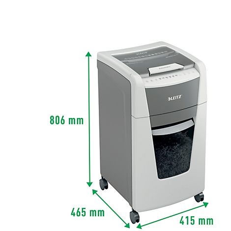Grey-white paper shredder with dimensions: 806 x 465 x 415 mm, on wheels.